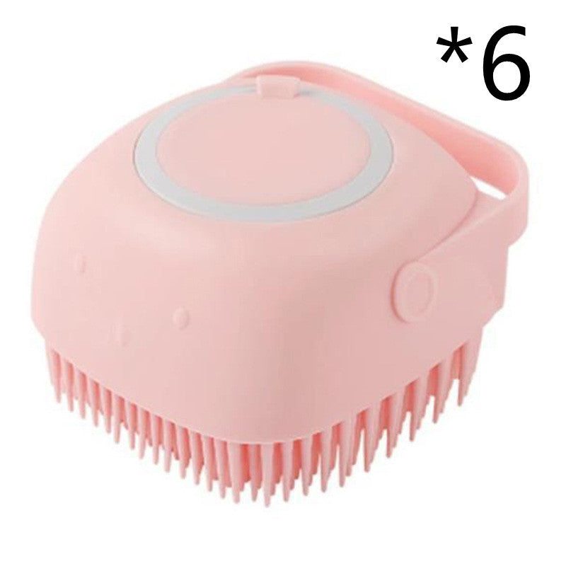 Pink silicone dog bath massage brush with soft bristles for gentle grooming and shampoo distribution