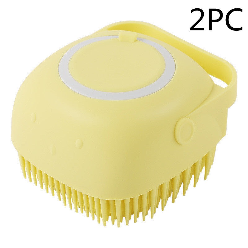 Yellow silicone dog bath brush and massage glove with soft bristles and shampoo dispenser ring, 2-piece set