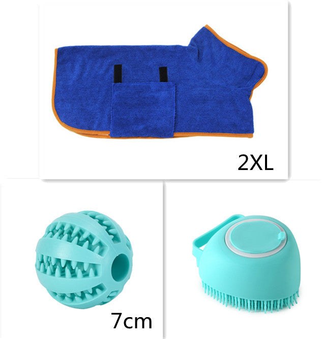 Silicone dog bath massage gloves brush and blue pet drying towel 2XL size with grooming ball