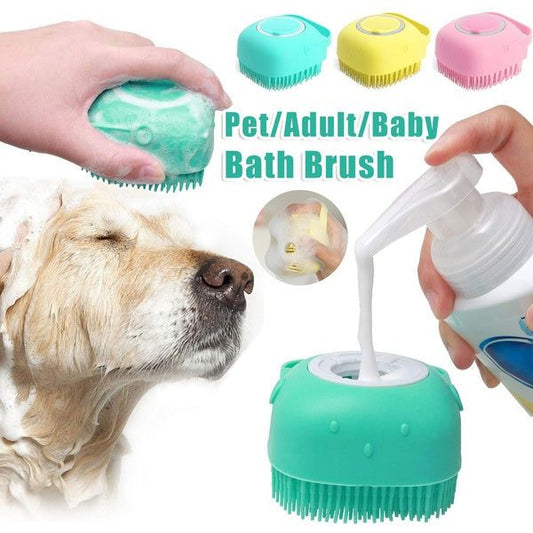 Silicone dog bath massage glove for gentle grooming and hygienic pet care with built-in shampoo dispenser