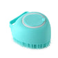 Blue silicone dog bath brush with massage bristles and shampoo dispenser