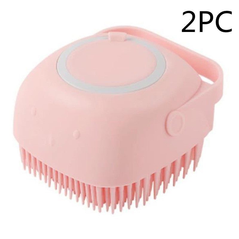 Pink silicone dog bath massage gloves brush with soft bristles for gentle grooming and shampoo application