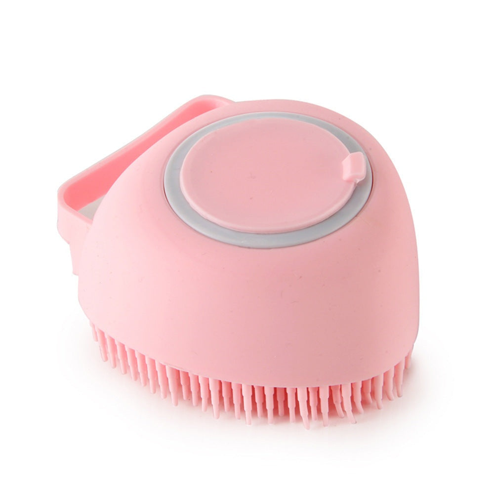 Pink silicone dog bath massage gloves brush with flexible bristles and shampoo dispenser