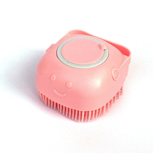 Pink silicone dog bath massage glove with soft bristles for gentle grooming and cleaning