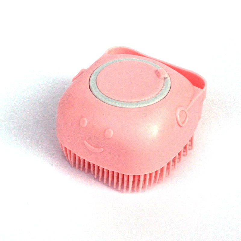 Pink silicone dog bath massage gloves brush with soft bristles and a shampoo dispenser ring