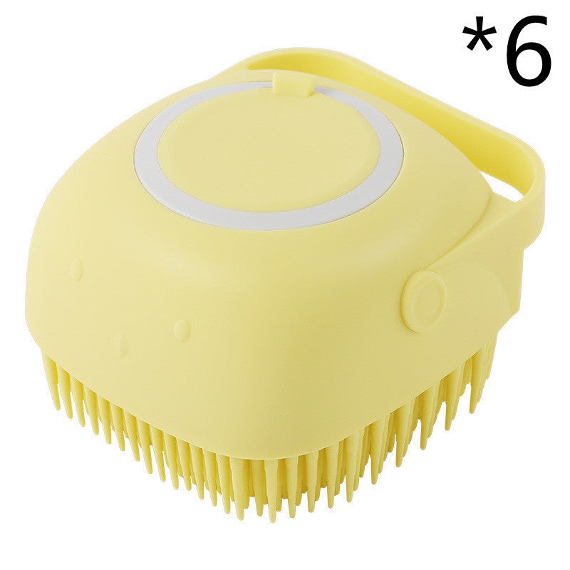 Yellow silicone dog bath massage glove with soft bristles and shampoo dispenser ring