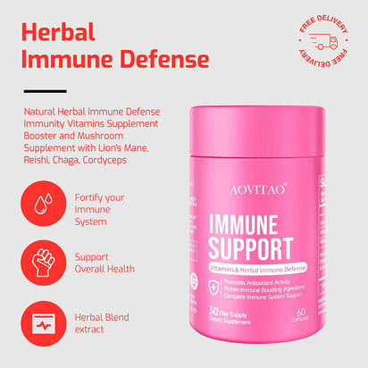 Natural Herbal Immune Defense Immunity Vitamins Supplement Booster And Mushroom Supplement With Lion's Mane, Reishi, Chaga, Cordyceps, Turkey Tail & More