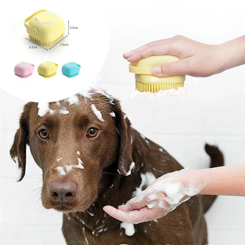 Silicone dog bath massage glove gently grooming and cleaning pet with shampoo foam