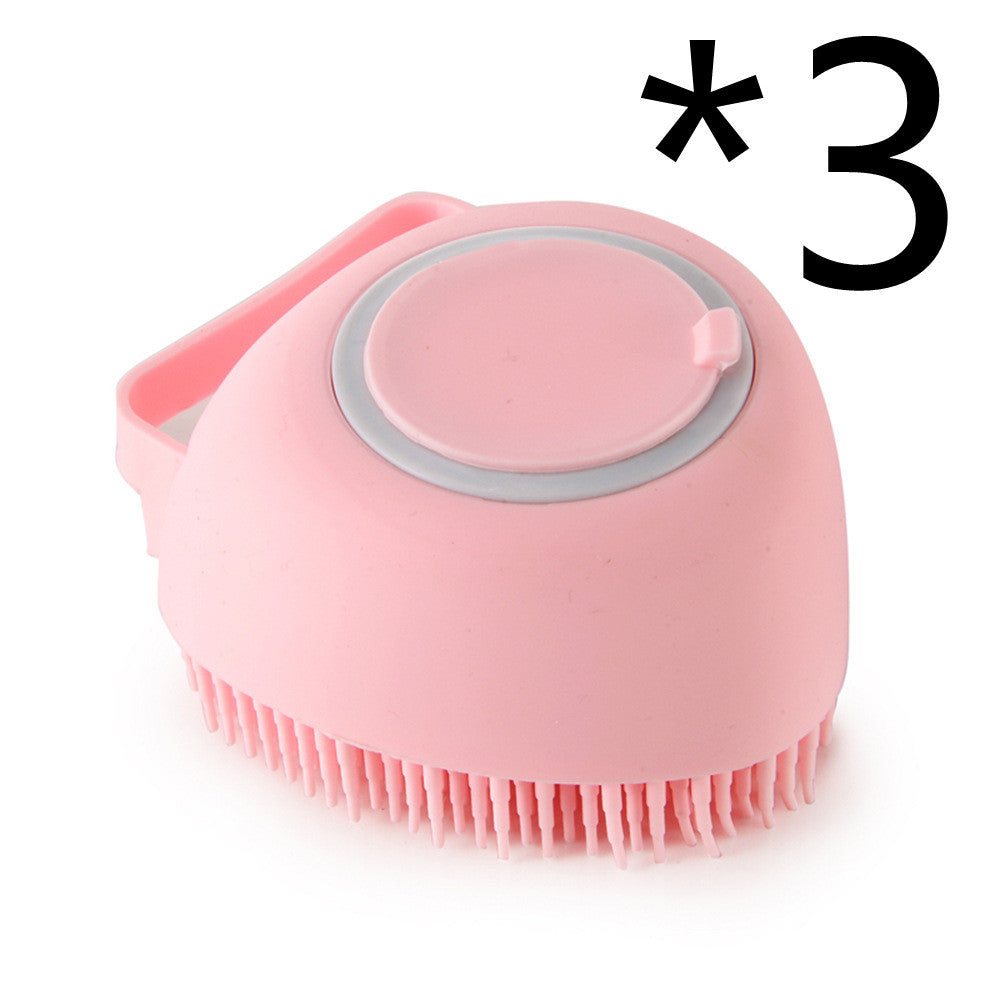 Pink silicone pet massage gloves brush with shampoo dispenser for dog bath, set of 3