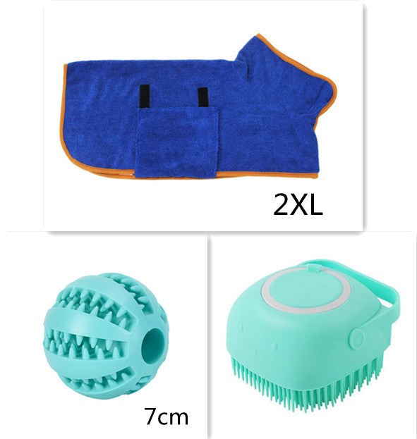 silicone pet massage gloves brush and blue dog bath towel set