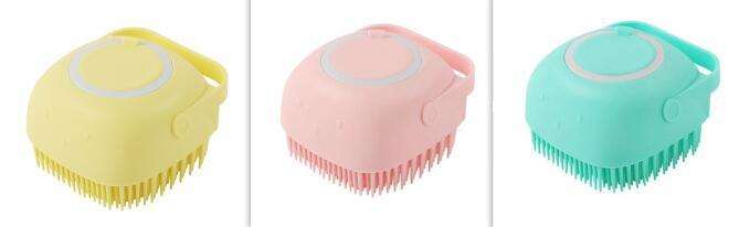 Silicone dog bath massage gloves brush in yellow, pink, and blue for gentle pet grooming and shampoo distribution